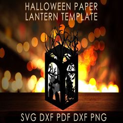 Halloween lantern Template, Horror scene paper cut diy lantern papercraft, halloween decor candles template cricut svg e