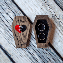 Custom Dark Coffin Ring Box with a Broken Heart, Personalized Engagement Ring Box for Gothic Wedding