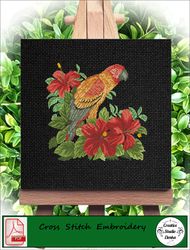 Vintage Cross Stitch Scheme  Macaw and hibiscus