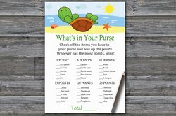 Sea Turtle What's in your purse game,Turtle Baby shower games printable,Fun Baby Shower Activity,Instant Download-334