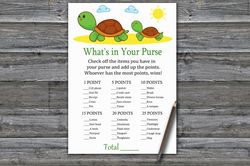 Cute Turtle What's in your purse game,Turtle Baby shower games printable,Fun Baby Shower Activity,Instant Download-333