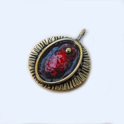 Handmade necklace charm with red enamel,Vintage Brass necklace pendant with red enamel,handmade locket,ukraine jewelry