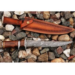 Custom Made, Hand Forged Damascus Steel Fixed Blade Hunting Bowie Knife With Sheath Fully Functional