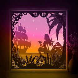 Sea Mermaid Shadow box SVG Template, Romantic Sunrise Papercut Lightbox cricut SVG, 3D layered Fairytale Paper cut Light