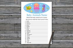 Jellyfish Baby animals name game card,Under the sea Baby shower games printable,Fun Baby Shower Activity-330