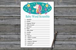 Rainbow Unicorn Baby word scramble game card,Unicorn Baby shower games printable,Fun Baby Shower Activity-329