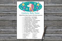 Rainbow Unicorn Celebrity baby name game card,Unicorn Baby shower games printable,Fun Baby Shower Activity-329