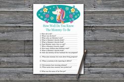 Rainbow Unicorn How well do you know baby shower game card,Unicorn Baby shower games printable,Baby Shower Activity-329