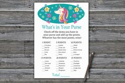 Rainbow Unicorn What's in your purse game,Unicorn Baby shower games printable,Fun Baby Shower Activity-329