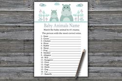 Blue Hippo Baby animals name game card,Hippo Baby shower games printable,Fun Baby Shower Activity,Instant Download-325