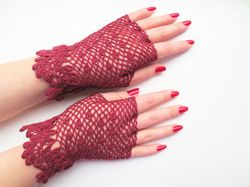 Bridal Lace Gloves Crochet Fingerless Wedding Gloves Burgundy Womens Summer Gloves Victorian Lace Mitts Gift for Her