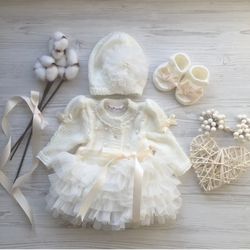 hand knit clothing set for baby girl: dress, hat, shoes. take home outfit. baptism clothing set. first birthday dress.