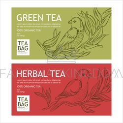 GREEN AND HERBAL TEA Packaging With Birds And Flowers Set