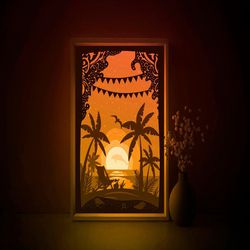 Tropical sea Beach Shadow box SVG Template, Palm trees Papercut Lightbox cricut SVG, 3D layered Paper cut Light box DXF