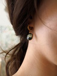 Pressed flower huggie drop earrings, Dry flower round earrings, Gold stainless steel earrings