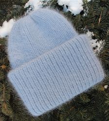 Angora hat with a double cuff, light denim color hat