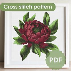 Peony cross stitch pattern, flower cross stitch chart PDF, cross stitch pattern flower
