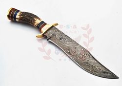 Personalized 10 inch Damascus Steel Hunting knife Handle Deer Antler W leather Cover Handle Clip shape could be differen