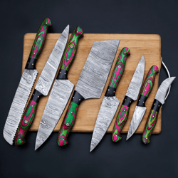 handmade damascus chef set of 8pcs with leather cover,kitchen knives set,personalized gift,kitchen knife set,damascus