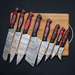 handmade damascus chef set of 8pcs with leather cover,kitchen knives set,damascus knife set,kitchen knifepersonalized gi