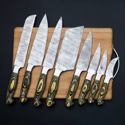 Handmade Damascus Chef set of 8pcs With Leather Cover,Kitchen knives set,Damascus knife set,Kitchen knifePersonalized gi