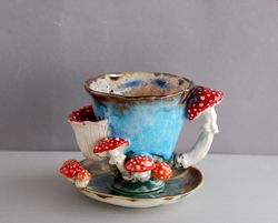 Amanita Mug & saucer, Art Cup with pocket ,Mushrooms figurine, Alice in wonderland style,Drink Me, Cup for tea bag