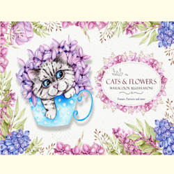 Watercolor Spring Cats Illustrations