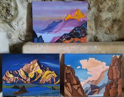 Mountain oil painting Mountain landscape Set Painting with Mountain Art Mountain Roerich painting Himalayas Artwork