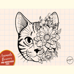 Cat with Flowers PNG Sublimation