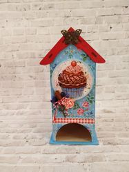 Tea House with Cake Decoupage Tea Storage Box Wooden Tea Bag Storage Box Tea Box Organizer for Mother's Day Gift