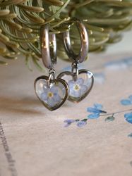 Pressed flower huggie drop earrings, Dry forget-me-not flower earrings, Silver stainless steel heart earrings