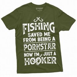 mens fishing saved me from being a pornstar funny t shirt for him fishing hook pole humor hooker tee shirt