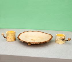 set - one wooden bowl and two paper cup holders, wood Paper Cup Holder with Handle, birch wood bowl