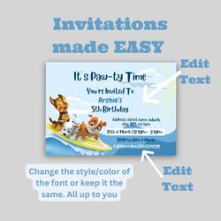 Paw Patrol Birthday Invitation, Party Invite, Chase Party Favors, Rubble, Cartoon Party Invite, Canva Template, Digital