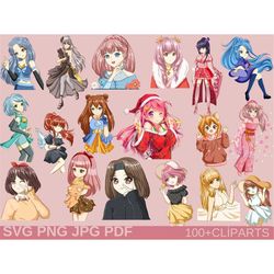 Cute Anime Girls Digital Clipart, PNG, SVG, Tshirts, Stickers, Decoration, Invitation, Instant Download