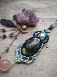 labradorite macrame gemstone pendant, large rhinestone bohemian necklace, semi precious healing stone jewelry, February