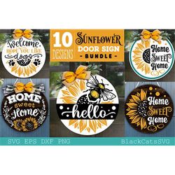 Sunflower door sign svg bundle 10 designs, Sunflower door hanger svg, Sunflower round signs svg