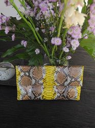 Genuine python skin yellow and brown handmade clutch, classy elegant leather envelope bag, purse, flat snake leather clu