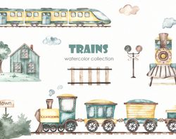 Train. Watercolor clipart for Kids. Children's railway transport. Baby shower, nursery. Electric train, railway signs