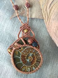 Ammonite fossil macrame pendant, semi precious stone mans jewelry, lagre rhinestone bohemian sacred necklace, spiritual