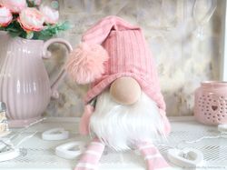 Plush pink handmade gnome with pompon long legs gift for your home