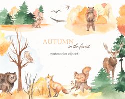 Autumn forest and animals. Watercolor clipart. Autumn landscape, bear, deer, fox, owl, squirrel, hare, autumn trees