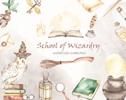 School of wizardry. Watercolor clipart. Owl, magic wand, glasses, flying key, talking hat. Children's magic set.