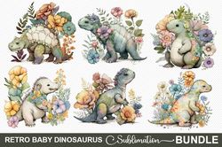 retro baby dinosaurs and flowers clipart