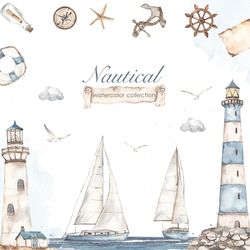 Nautical clipart watercolor. Lighthouse, sailboat, yacht, anchor, lifebuoy, seagulls. Digital watercolor, PNG