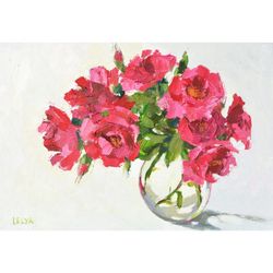 Garden Roses 20x29cm Original Oil Painting on Canvas 8'x11.5' Red Roses Floral Painting Small Painting Garden Roses Art