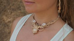 Petoskey stone macrame Necklace with sea shells, natural fossil coral rhinestone jewelry, tribal fusion boho-chic pendan