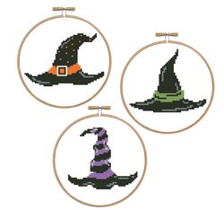 Witch hats set cross stitch pattern Halloween cross stitch design Three witch hats pattern Black hats pdf pattern