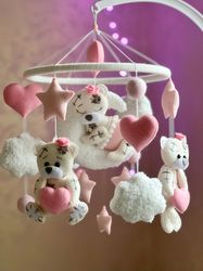 Baby mobile girl, Teddy bear mobile felt, Musical mobile crib, Baby shower gift, Nursery decor