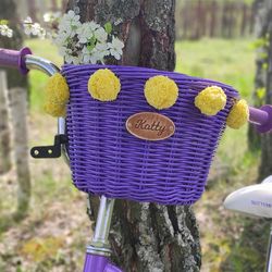 Kid bike basket. Bicycle basket. Purple bike bag. Wicker bike basket. Bike accessories. Rainbow basket. Gift basket.